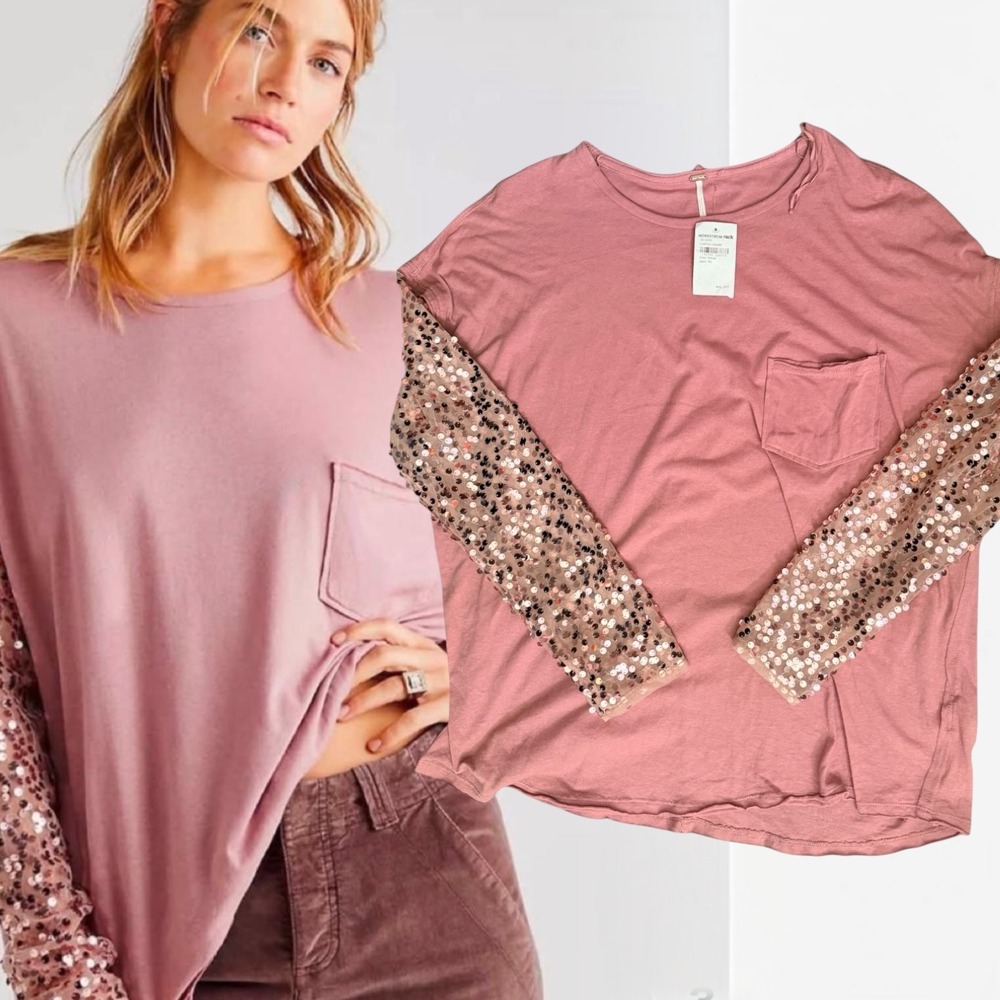 Free People Top Sequin Sleeve Lavender Shadows Pink Medium